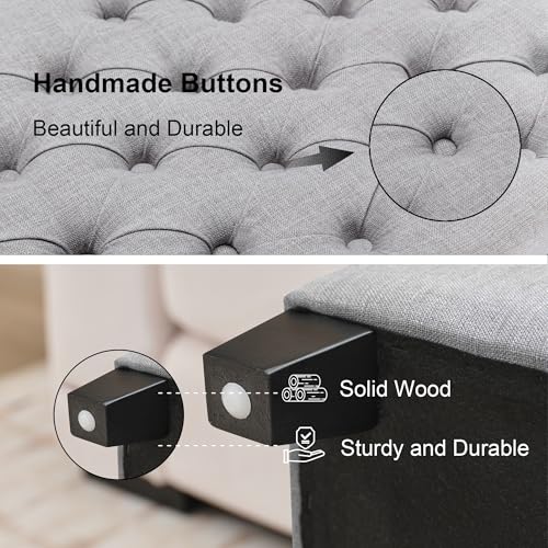 Image of 51 inch Storage Ottoman for Bedroom & Living Room, End of Bed Bench with Black Wooden Legs, Linen Upholstered Tufted Ottoman, Entryway Storage Bench, Light Grey