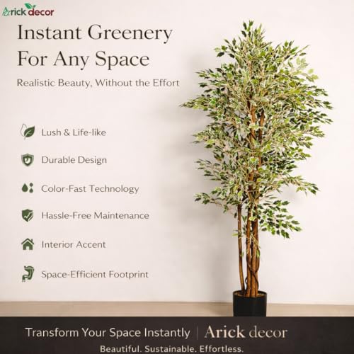 Image of ARICK DECOR 5.2Ft Artificial Variegated Ficus Tree - 160cm Tall Faux Lush White & Green Fig Tree with Braided Trunk in Pot - Realistic Floor Plant for Home, Office & Living Room