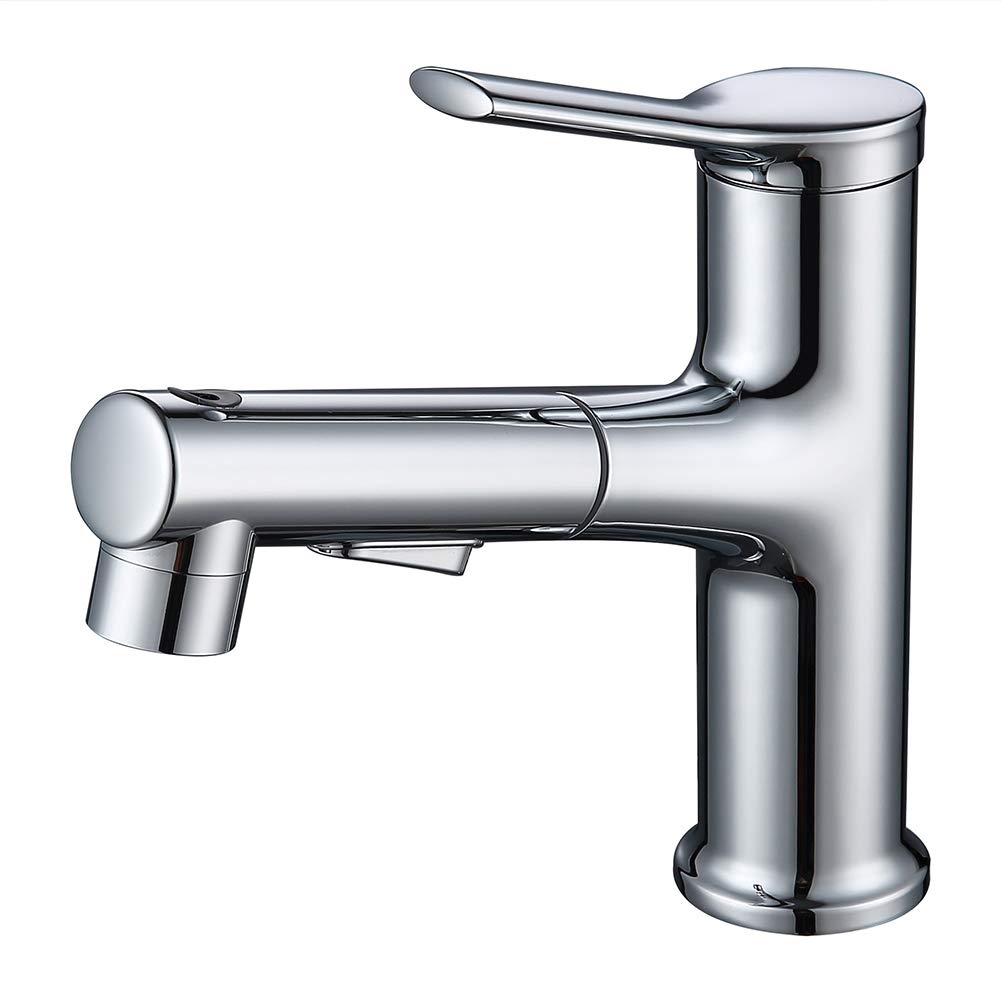 Grifo de lavabo, grifo mezclador para lavabo de baño con rociador extraíble, monomando para agua fría y caliente, color negro, para colocar sobre encimera, moderno grifo de lavabo de cobre de un sol