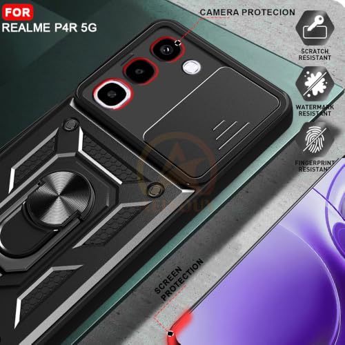 Image of Armor Bumper Back Cover Case for Realme P4R 5G Rotating Camera Cover, Ring Holder & Kickstand | Heavy Duty & 360 Degree Protection Realme P4R 5G Back Cover (Black)