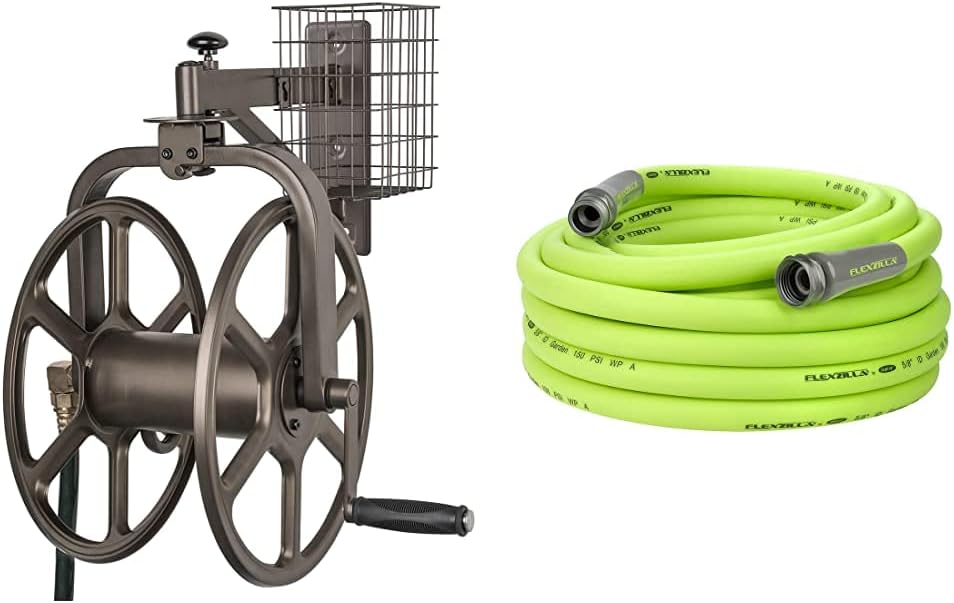 Liberty GARDEN 712 Single Arm Navigator Multi-Directional Garden Hose Reel, 5/8-Inch, Bronze & Flexzilla Garden Lead-In Hose 5/8 In. x 50 ft, Heavy Duty, Lightweight, Drinking Water Safe