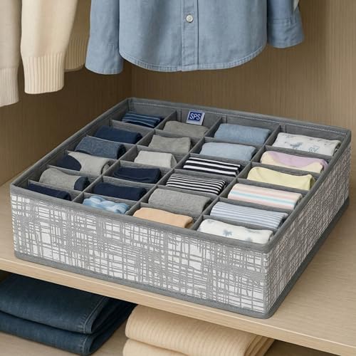 Image of Skrill 24-Compartment - Set of 2 | Non-Woven Foldable Cloth Storage Box Set Underwear, Socks, Ties, Scarves, Bras, Drawer Organization | Space Saving Divider Organizer Closet Storage | Crosshatch Grey