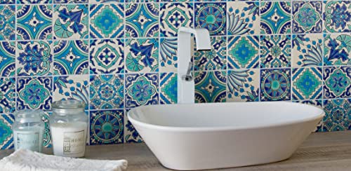 Dÿari Decorative Ceramic Tiles – Hand Painted Indoor & Outdoor Floor Spanish Artisan Tile Top Kitchen Mediterranean 4” × Durable Colorful 140 G (Eau V 7) (Ev216) #TOP3