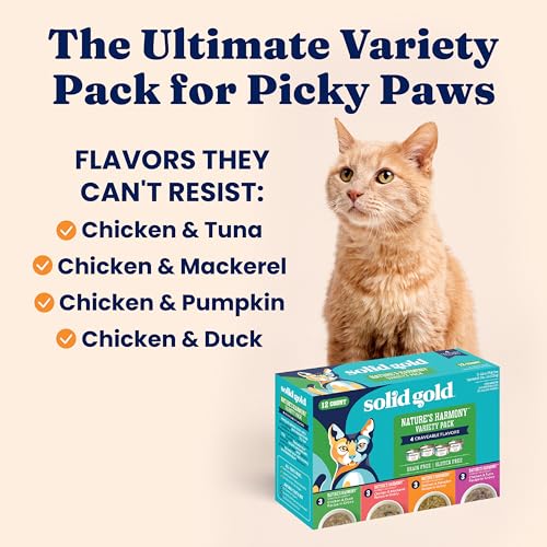 Image of Solid Gold Wet Cat Food Variety Pack Shreds in Gravy - Healthy Canned Cat Food Made w /Real Chicken & Protein Shreds, Vitamins - Grain Free & Gluten Free Canned Meals for Cats & Kittens - 12ct /3oz Can