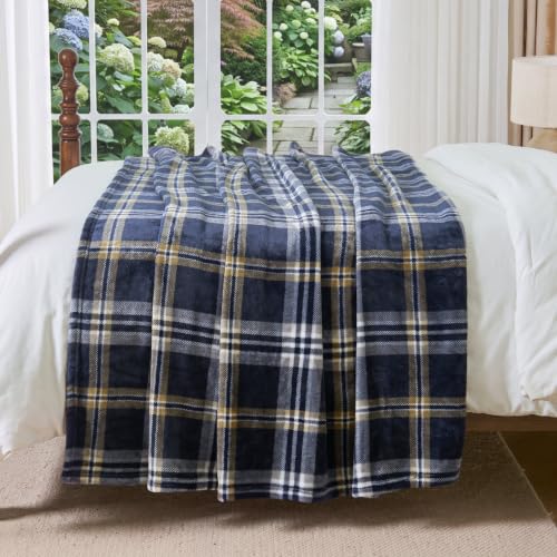 Image of BEDELITE Plaid Fleece Twin Blanket, Navy Tartan 60x80 Inches