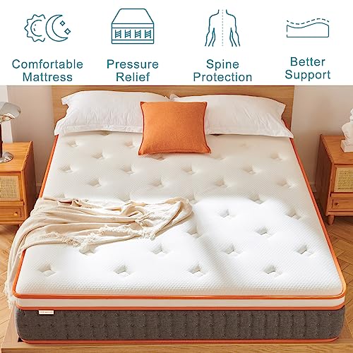 Iyee Nature Queen Size Mattress, 12 Inch Innerspring Hybrid Mattress In A Box,Individually Pocket Coils For Motion Isolation,Queen Bed With Cooling Cover,Queen Mattress,Medium Soft,Orange #TOP1