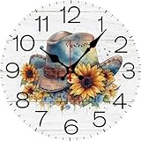Vdenvileye Orologio da parete in legno, silenzioso, senza ticchettio, cappello da cowboy, girasoli, fai da te, rotondo, decorazione per casa, cucina, soggiorno, ufficio, funzionamento a batteria (25,4