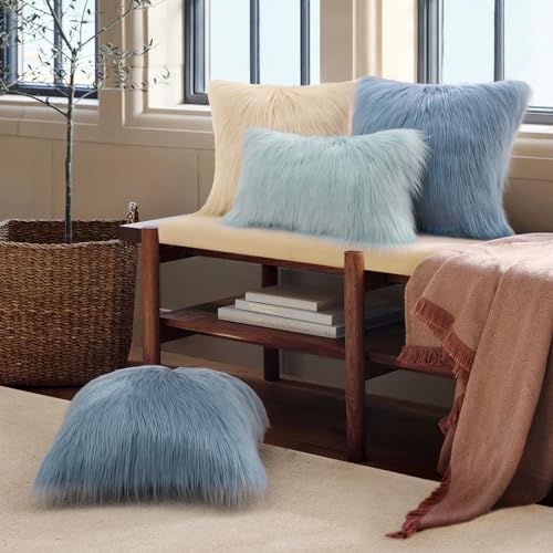 Image of Phantoscope Faux Fur Pillow Cover Decorative Fluffy Throw Pillow Mongolian Luxury Fuzzy Pillow Case Cushion Cover for Bedroom and Couch, Blue 18 x 18 Inches