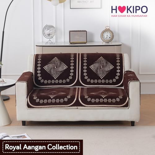 Image of HOKIPO Sheesh Brown Premium Chenille Jacquard Sofa Cover for 2 Seater for Seat & Back, 'Royal Aangan Series' (IN-1007-L5*2)