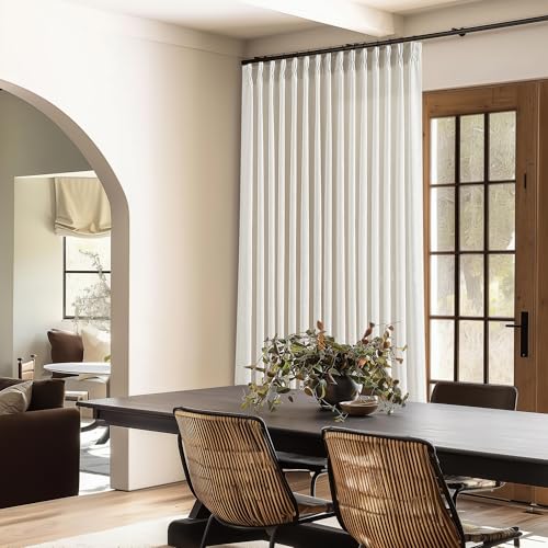 Image of Pinch Pleated Linen 90 Inch Curtains 100 Inch Width for Living Room Divider Light Filtering Semi Sheer Cream Extra Wide Patio Curtains for Sliding Door Balcony Floor to Ceiling Picture Window 100x90