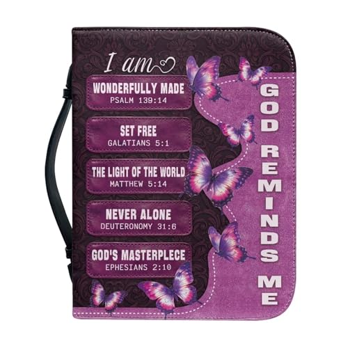 Sellikakes Purple Butterfly Print Bible Case PU Leather Waterproof Wear Resistant Bible Study Church Tote Bag Lightweight Handbag with Zip and Strong Handle