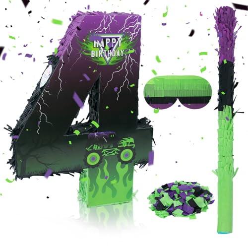 Piñata monster truck vert violet kit complet anniversaire 3 et 4 ans robuste