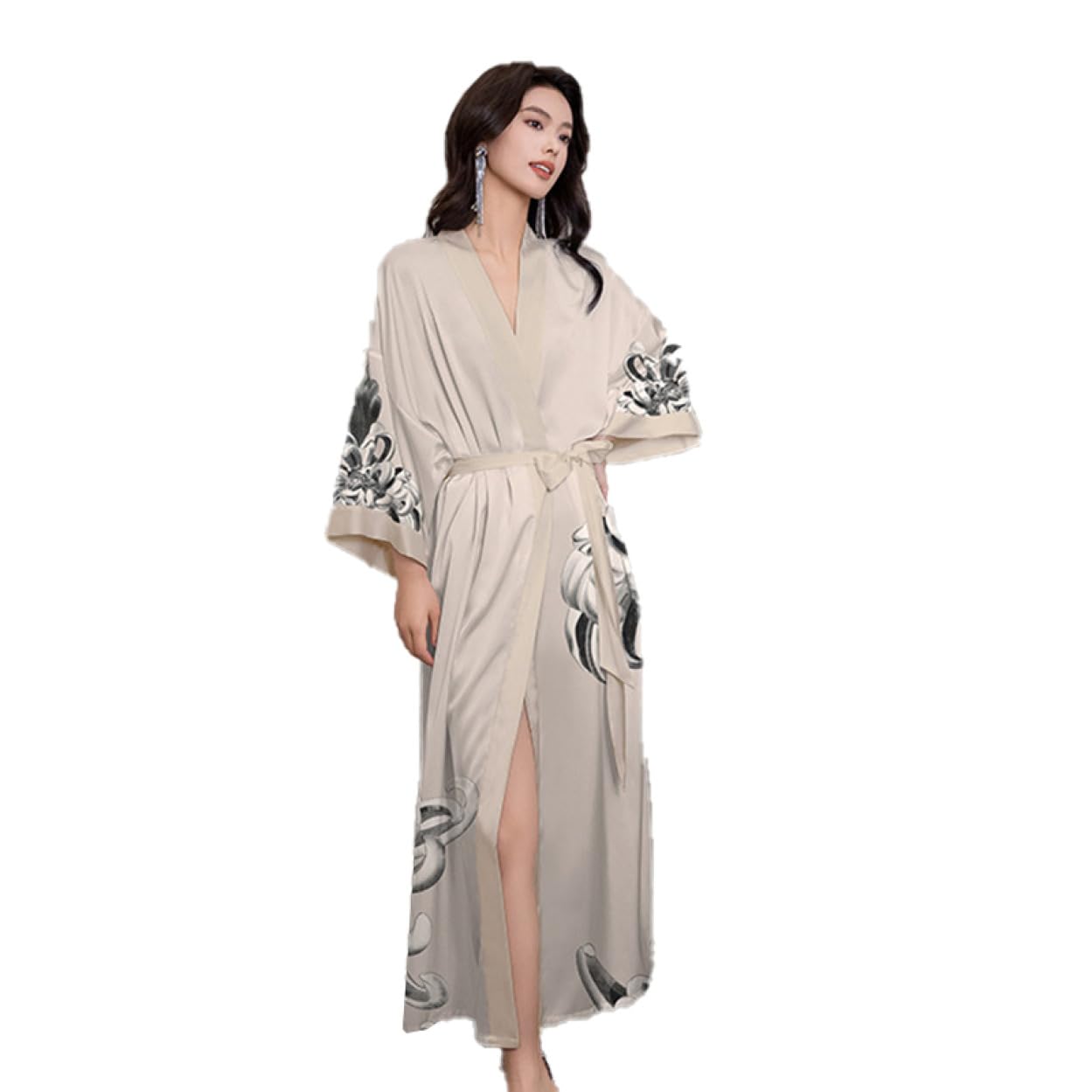 Shuka Women's Bathrobe, Thin, Silk Touch, For Summer, Loungewear, Long, Nightgown, Lace, Satin Yukata, Kimono, Women's Yukata Style, Lightweight, Above Knee, Long Robe for Women, Respect for the Aged Large 52 styles