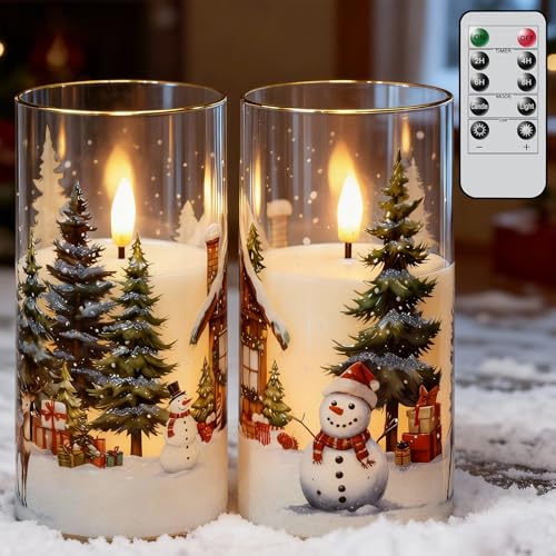 Image of GenSwin Christmas Flameless Candles with Remote Timer, Set of 2 Christmas LED Glass Battery Operated Candles with Cedar, Snowman, Reindeer, Snowy House Decals for Holiday Winter Home Decor(D3 inch x H6 inch)