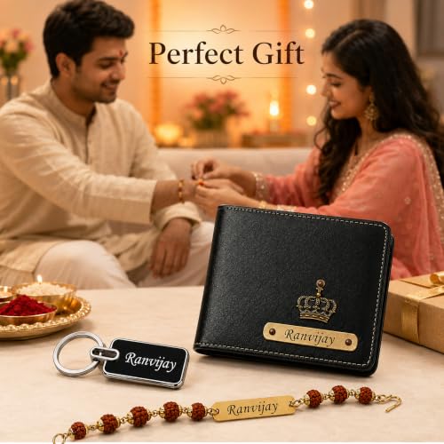 Image of SAVRI Rakshabandhan Gift for Brother | Customized Men's Leather Wallet with Name & Charm, Personalized Metal Keychain & Customized Rudraksha Rakhi with Name | Rakhi Gift for Brother