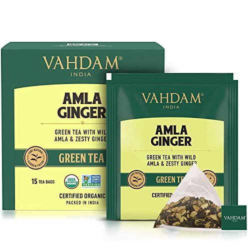 Image of VAHDAM Organic Amla Ginger Tea - 15 Green Tea Bags & VAHDAM, Organic Giloy Neem Detox Green Tea Bags (15 TBS)