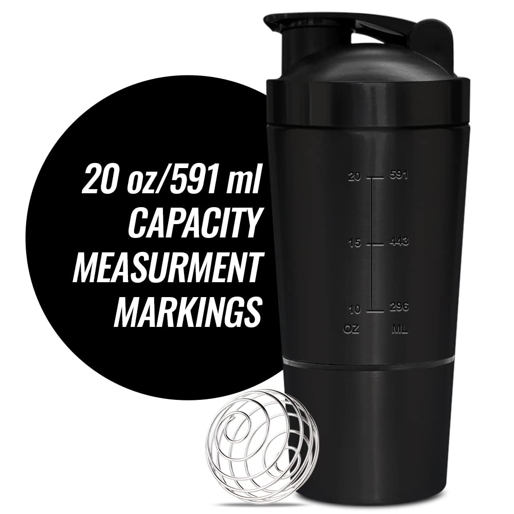 MuscleXP Gym Shaker Classic XP Mixer Mélangeur en acier inoxydable avec rangement, 100 % étanche, 591 ml + 200 ml pour protéines, pré-entraînement et BCAA, matériau sans BPA + boule à ressort (noir)