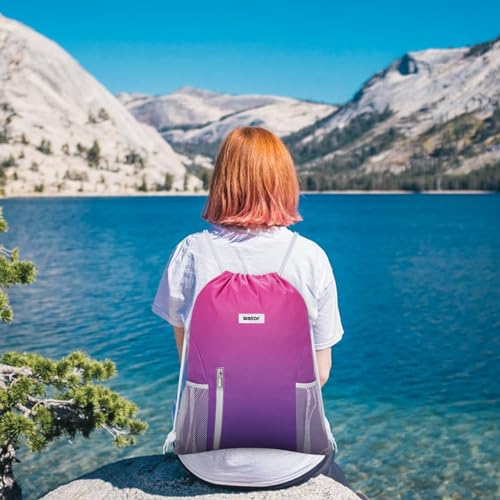 Image of WANDF Drawstring Backpack Sports Gym Sackpack with Mesh Pockets Water Resistant String Bag for Women Men (Rose Red)