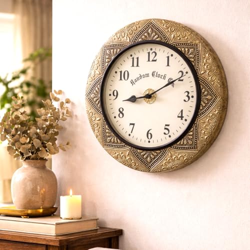 Image of RANDOM Brass Decorative Sweep Silent Wall Clock, Antique Gold, Embossed Mandala Frame, Round, Vintage Style 30 cm for Home Office