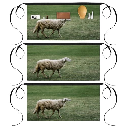 Tablier court de chef lot de 3 avec poches motif mouton blanc