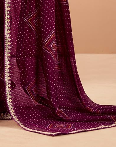 Image of SIRIL Women's Georgette Bandhani Printed, Embroidery Lace Saree With Unstitched Blouse Piece