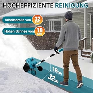 Akku Schneefräse für Makita Akku 18V,1000W Elektrische Schneefräse mit Rollen, Arbeitsbreite 32 cm, max.Schneehöhe 18 cm,Wurfweite 6m,30° Einstellbar (Blau 2 Batterie)