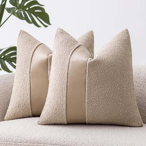 SINYASAN 18"x18" Oatmeal Boucle Throw Pillow Covers with Faux Leather