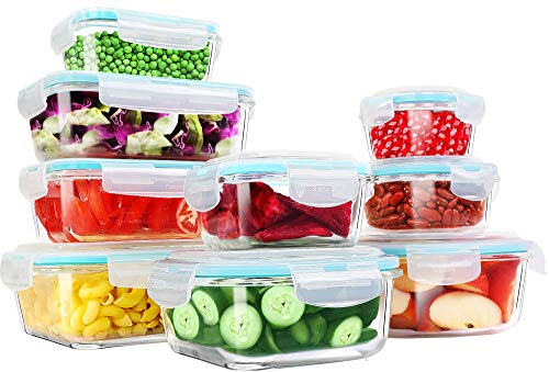 KICHLY - Contenedor de Almacenamiento de Alimentos de Vidrio - 18 pieza (9 envase y 9 transparente tapa) - Apto para lavavajillas, microondas y congelador - Sin BPA, aprobado por la FDA y la FSC