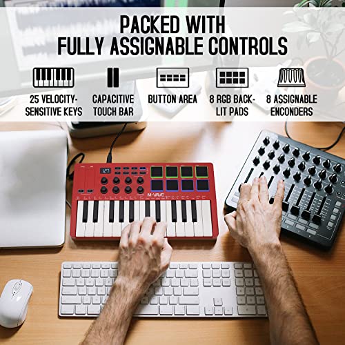 Image of M-VAVE 25 Key USB MIDI Keyboard Controller With 8 Backlit Drum Pads, Bluetooth Semi Weighted Professional dynamic keybed 8 Knobs and Music Production,Software Included (Red)