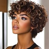 MOONSHOW Short Wigs for Black Women Brown Pixie Cut Wig with Bangs African American Wigs for Black Women Short Curly Afro Wigs Synthetic Brown Curly Bob Wig