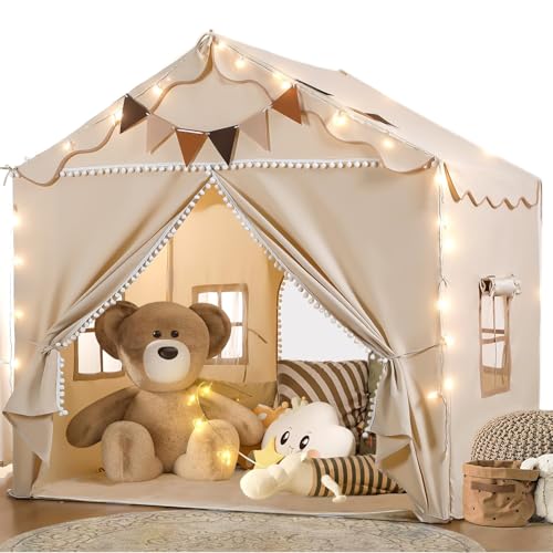 Treestone Play Tent for Kids, 2 in 1 Toddler Tent with Padded Mat and Light, Large Playhouse for Kids Indoor & Outdoor, 2 Doors and 4 Windows, 51' x 39' x 53', Toy Gift for Boys and Girls
