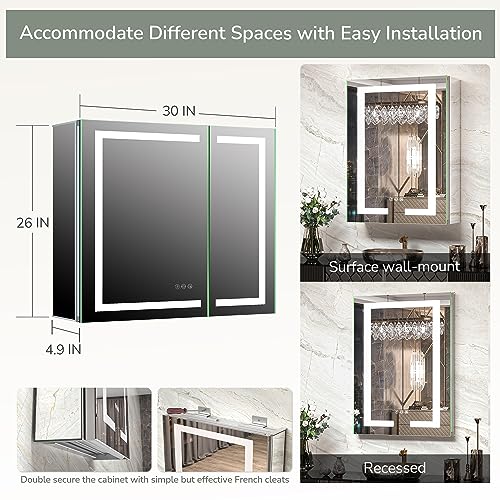 Tokeshimi 30X26 Lighted Medicine Cabinet For Bathroom With Mirror And Electrical Outlet Anti-Fog 3 Colors Temperature Dimmable Surface Or Recessed Mount For Bathroom Storage thumb #1