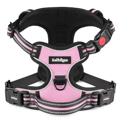 rabbitgoo Dog Harness Medium with Neck Release Buckle, Adjustable No Pull Harness with Front Back Clips, Soft Padded with Easy Control Handle, Reflective Pet Walking Vest, Pink, M option