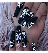 Halloween Coffin Press on Nails Long Glue on Nails with Black 3D Spider Wet Exquisite Design Hall...