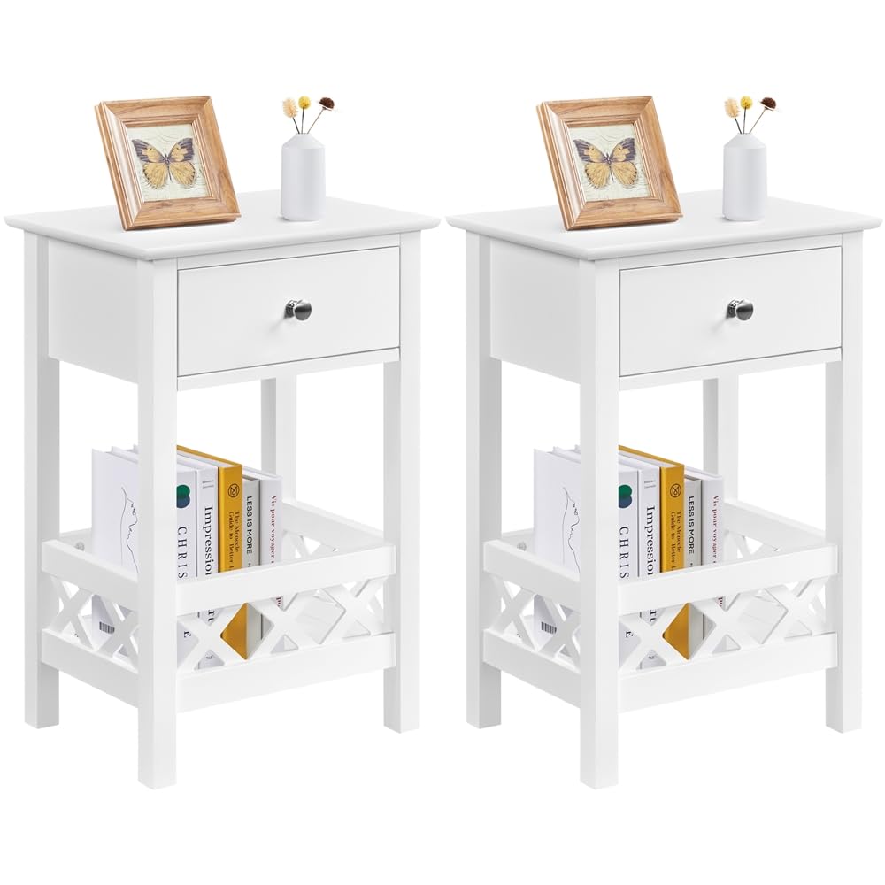 Yaheetech 2pcs Mesitas de Noche con Cajón y Cesta Inferior 40×30×60cm Mesillas de Noche de Nórdico Mesas Auxiliar Madera Lacada para Cama Dormitorio Blanca