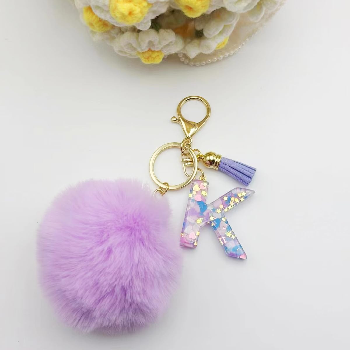 Purple Letter A-Z Keychain With Purple Fur Ball Pom for Women Tassel Key Ring for Purse Handbag Car Keys image 3