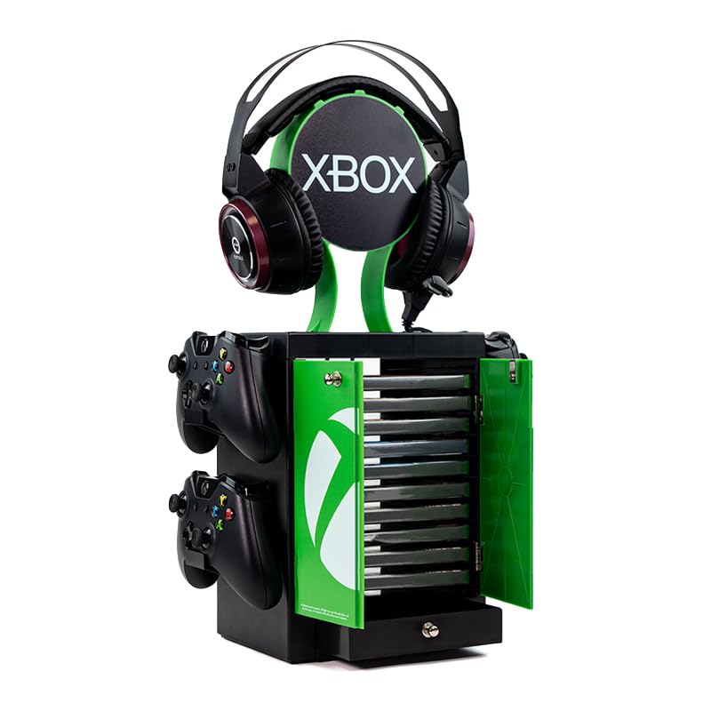 Numskull Official Xbox Gaming Accessory Locker &amp; Storage Stand – Holds 10 Games/DVDs, 4 Controllers, Headset, and Accessories – Durable &amp; Compact Organizer – Official Xbox Merchandise