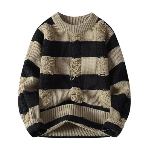 Men's Striped Knit Sweater Crew Neck Pullover Casual Slim Fit Warm Fall Winter Hip Hop Streetwear