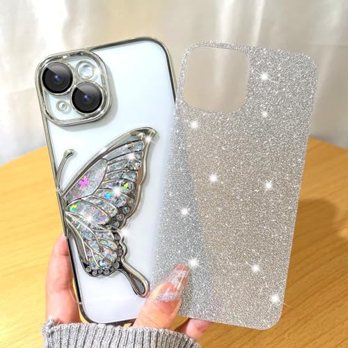 Image of SHINESTAR 3D Butterfly Case for iPhone 15 Cover, Cute Girly Glitter Bling Luxury Back Cover for Women Girls Protective Shockproof Slim Camera Protection (or iPhone 15 - Silver