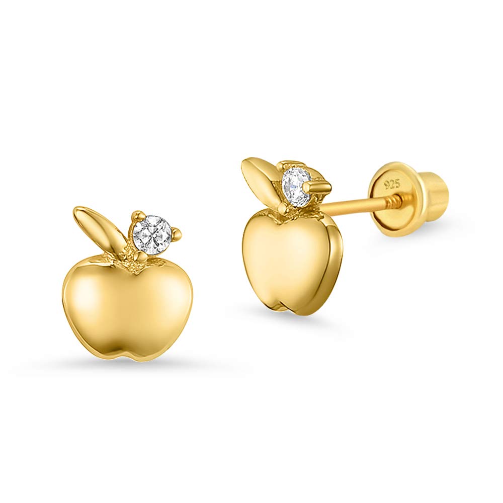 14k Gold Plated Brass Apple Cubic Zirconia Screwback Baby Girls Earrings with Sterling Silver Post