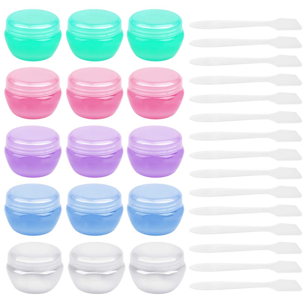 15 Pcs Small Plastic Travel Containers for Toiletries,Sonku Empty Leakproof Refillable Mini Cosmetic Makeup Jars 10ml Per Piece with 15 Pcs Mini Spatulas for Cream,Slime and Samples