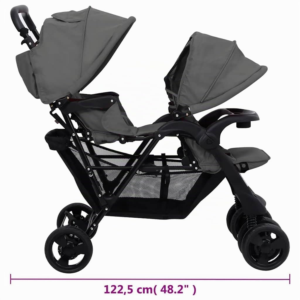 vidaXL Carrito para Gemelos Cochecito Sillita Gemelar Silla de Paseo Canasta Niños Reposapiés Ajustable Dosel Plegable Tándem Acero Gris Oscuro