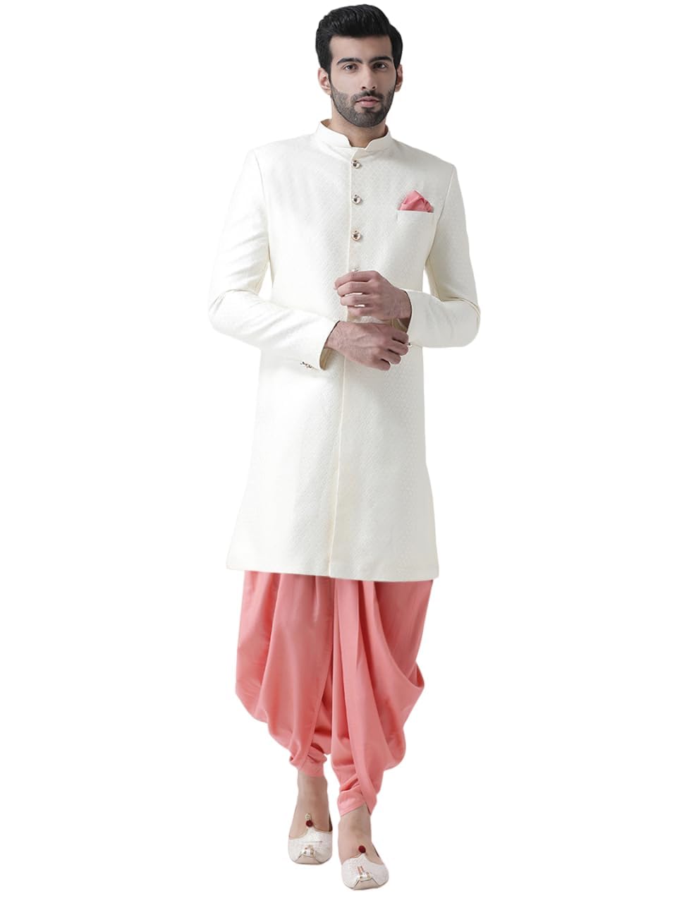 Kisah Men's Indo-Western Sherwani Dhoti Set, White Jacquard Woven Design Regular Fit Mandarin Collar Long Sleeves (M)