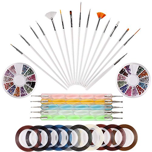 Teenitor Nail Arts Kit with15 Multifunctional Nail Art Painting Brushes, 5 Double-ended Nail Dotting Pens, 12 Colors Nail Rinestones and 10 Self-adhesive Nail striping tape