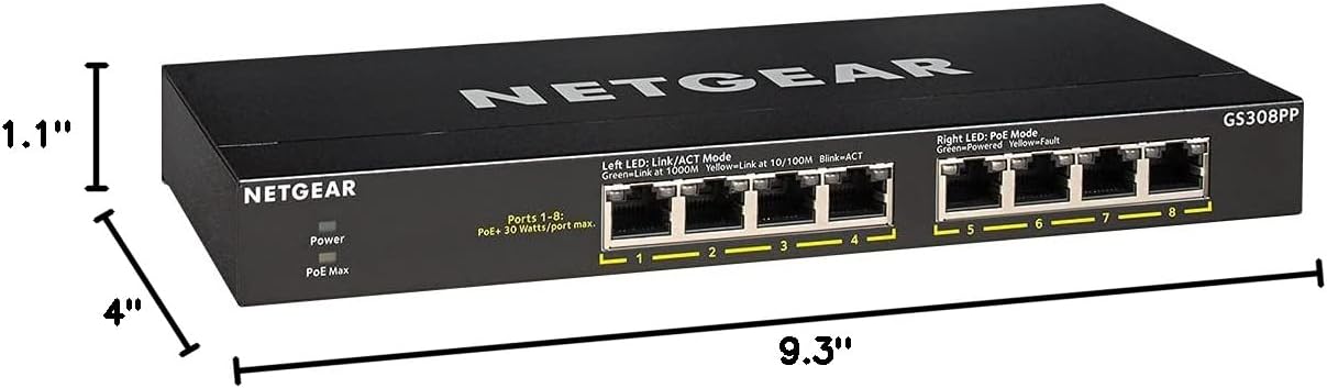 NETGEAR 8-Port PoE+ Gigabit Ethernet Unmanaged Essentials Switch (GS308PP) - with 8 x PoE+ @ 83W, Desktop or Wall Mount