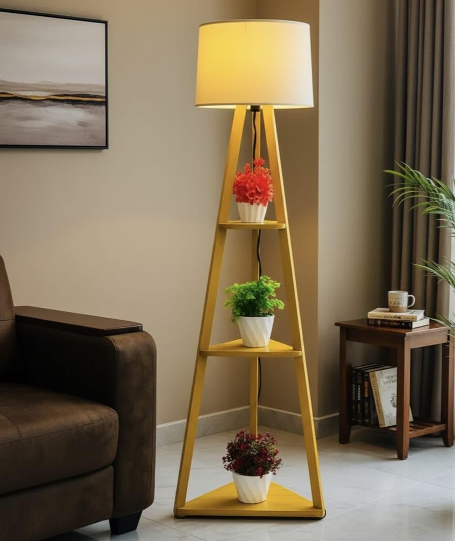 R K Antique Hub Modern Floor Lamp with Storage Shelves, Wooden Tripod Design, White Drum Shade, Yellow Frame-image-32