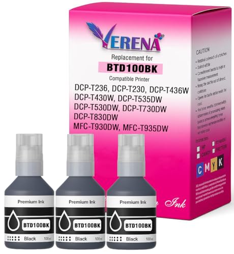 Image of VERENA BTD100 Refill Ink Compatible with Brother DCP-T236, DCP-T230, DCP-T436W, DCP-T430W, DCP-T535DW, DCP-T530DW, DCP-T730DW, DCP-T830DW, MFC-T930DW Printers (Black Pack of 3)