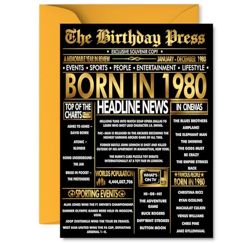 Gold 45th Birthday Card for Men Women - Black & Golden Newspaper Born in 1980 - Happy 45 Birthday Cards for Son Neighbour Cousin Daughter Wife Dad, 5x7 Inch Bday Greeting Cards Gold 45th Birthday Card for Men Women - Black & Golden Newspaper Born in 1980 - Happy 45 Birthday Cards for Son Neighbour Cousin Daughter Wife Dad, 5x7 Inch Bday Greeting Cards
