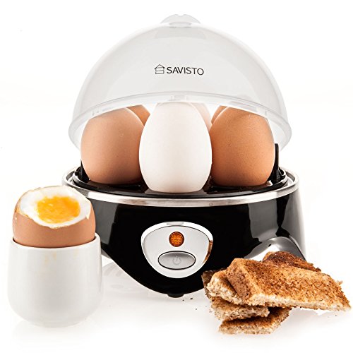 Preisvergleich Produktbild Savisto Elektrischer Edelstahl Eierkocher mit Härtegradeinstellung 360W [Egg Boiler] - Eier kochen, pochieren, dünsten - Omelett-Pfanne und Gemüsedämpfer [7 Eier] Signalton inkl. Messbecher - Schwarz