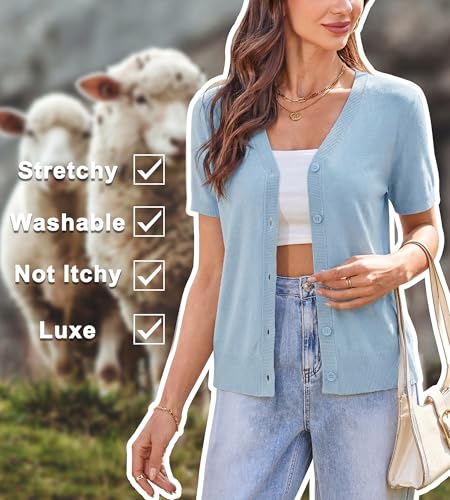 Image of Arach&Cloz Women's Wool Blend Short Sleeve Lightweight Cardigan Business Casual Summer Sweaters Tops